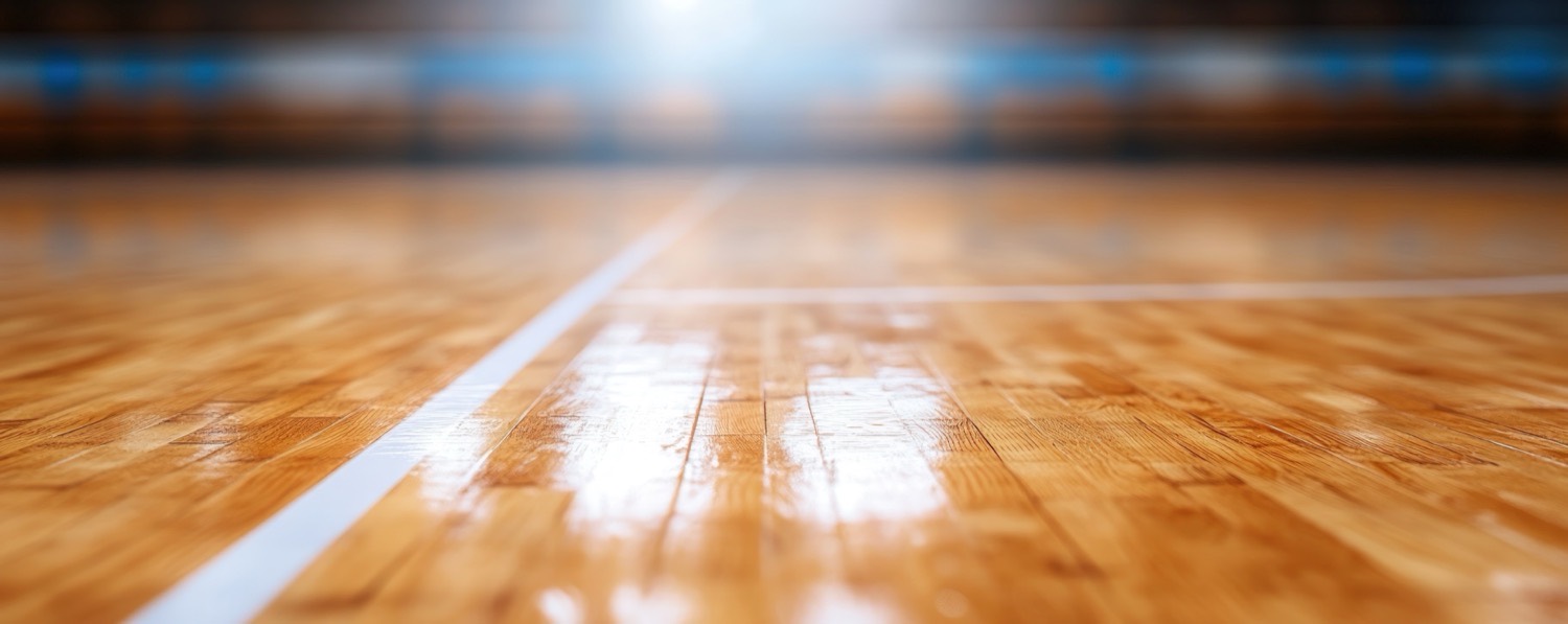 Polished hardwood futsal court floor
